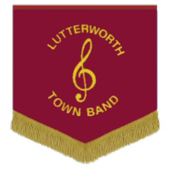 Lutterworth Town Band Stand Banner. Dark red background with a gold embroidered treble cleff and the words 'Lutterworth Town Band'.